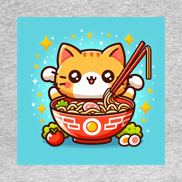 Orange Cat eating Bowl of ramen by Pokoyo.mans@gmail.com